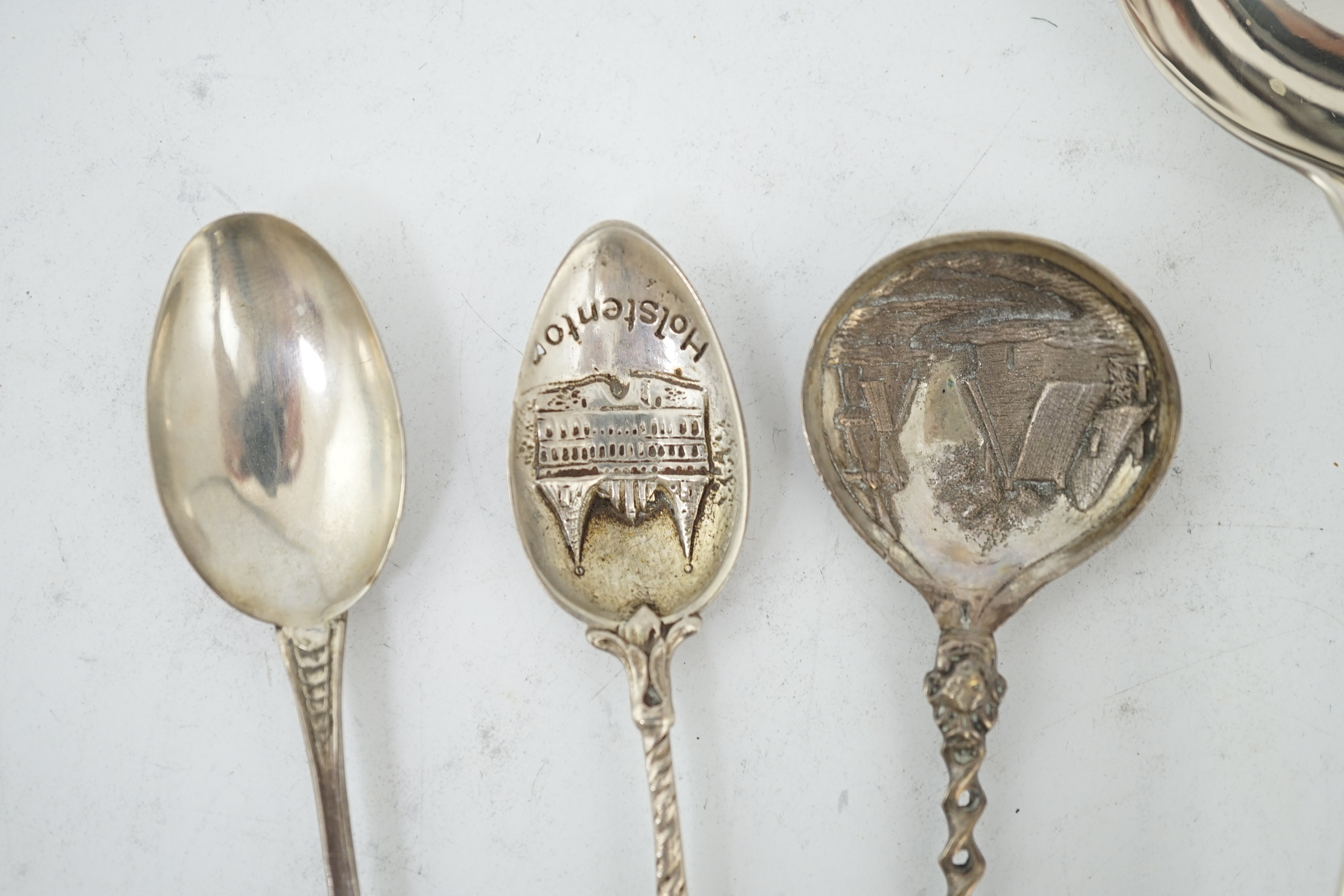 A collection of assorted 18th century and later silver flatware, including table spoons, teaspoons, sauce ladles, sifter spoon, etc. various patterns, dates and makers, 47.9oz, together with nine sterling or white metal